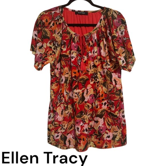 ❤️SPRING/SUMMER FLORAL PRINT TOP w/NECKLINE TASSEL TIE - Picture 1 of 8